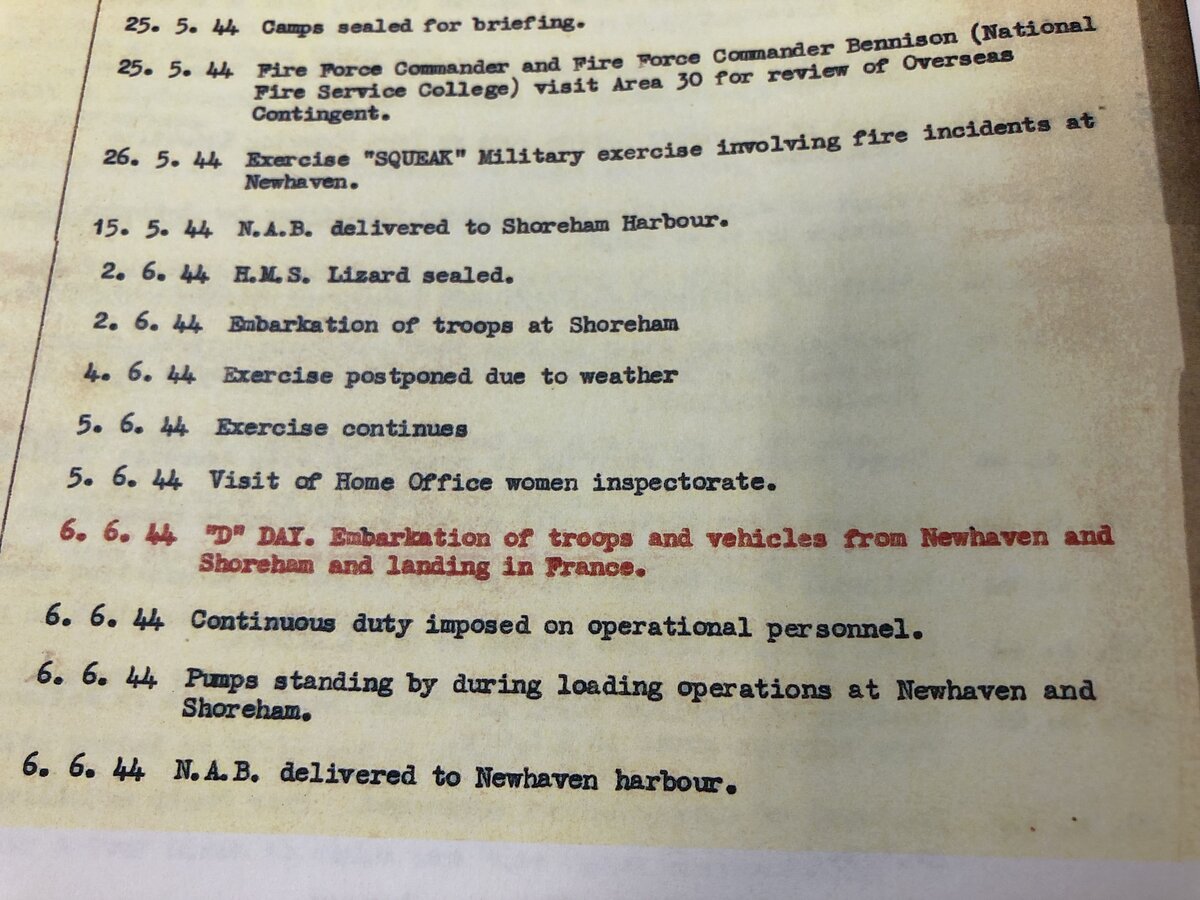 The record of the run up to D-Day shows a brief note for 6th June 1944: Embarkation of troops and vehicles from Newhaven and Shoreham and Landing in France.